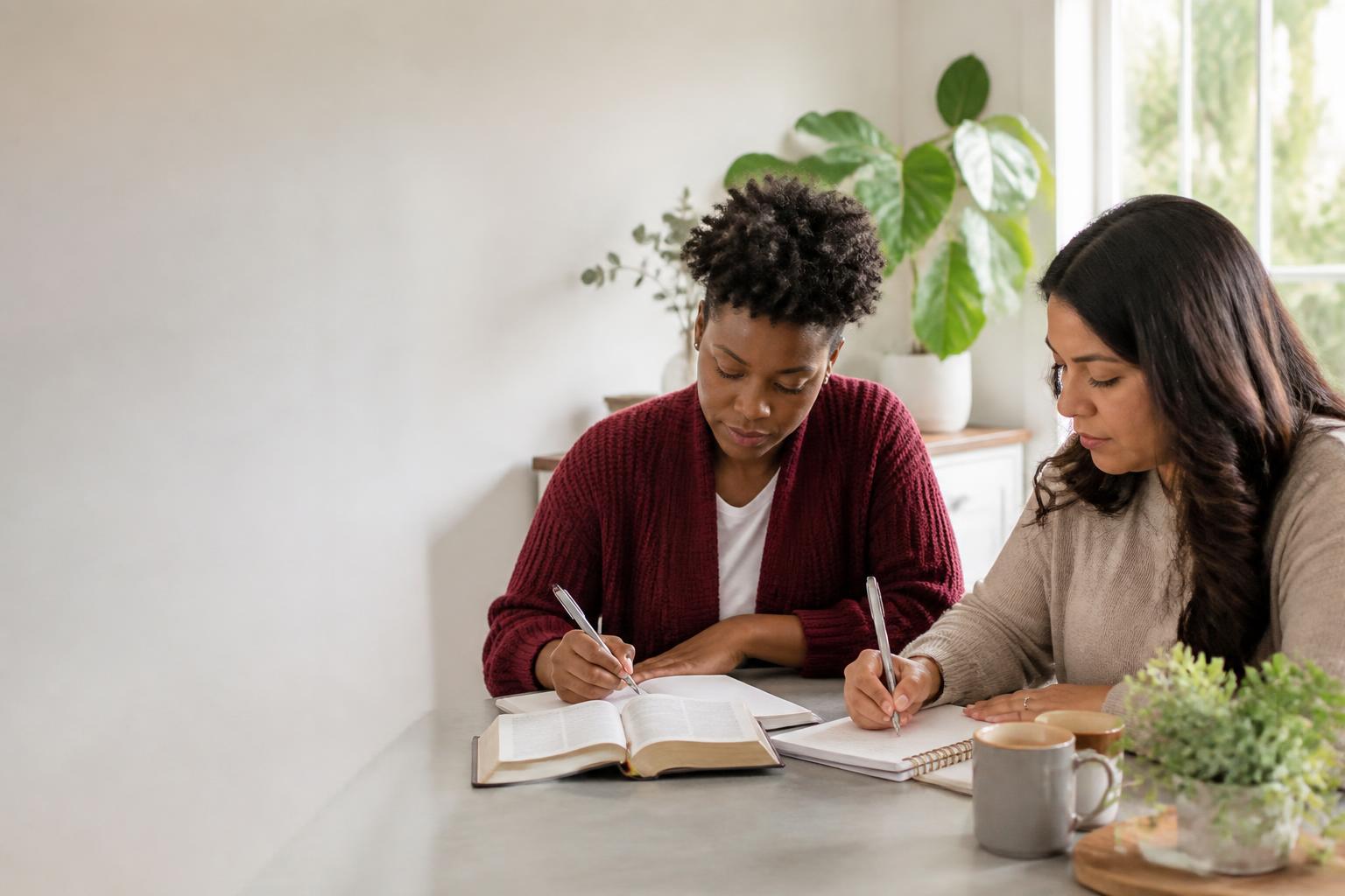 Mothers reflecting and writing together at a table